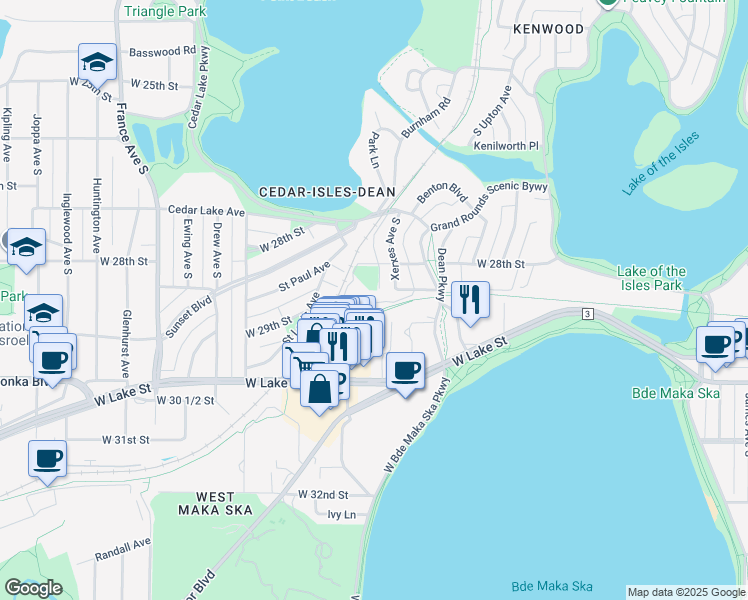 map of restaurants, bars, coffee shops, grocery stores, and more near 3141 Dean Court in Minneapolis