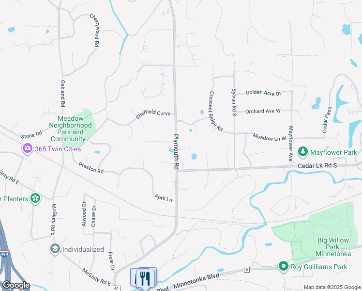 map of restaurants, bars, coffee shops, grocery stores, and more near 2805 Plymouth Road in Hopkins