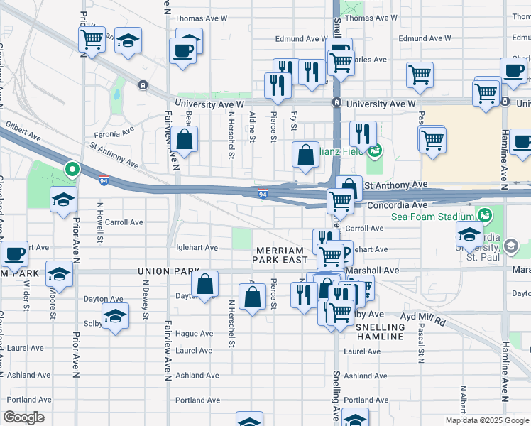 map of restaurants, bars, coffee shops, grocery stores, and more near 315 Pierce Street in Saint Paul
