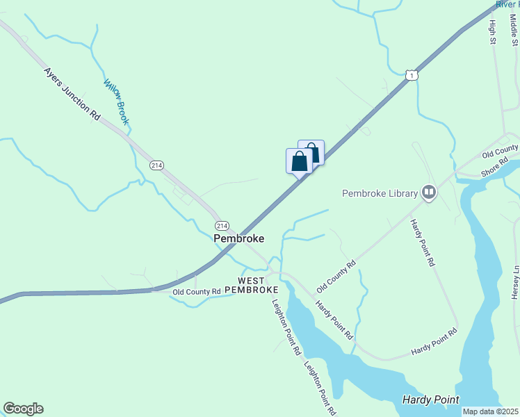 map of restaurants, bars, coffee shops, grocery stores, and more near 494 U.S. 1 in Pembroke