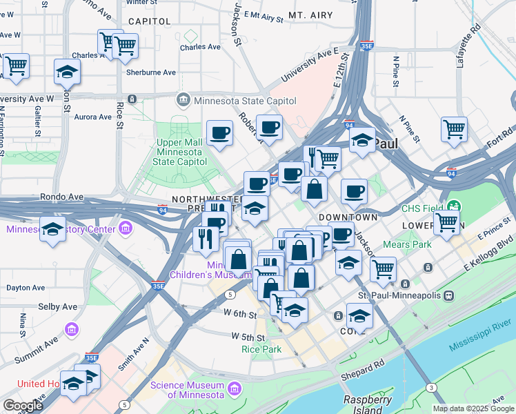 map of restaurants, bars, coffee shops, grocery stores, and more near 540 Cedar St in St Paul