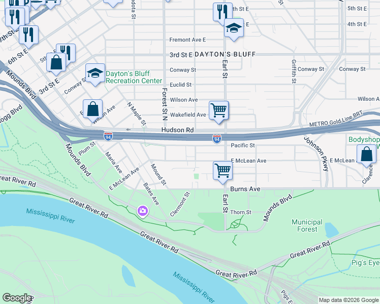 map of restaurants, bars, coffee shops, grocery stores, and more near 995 East McLean Avenue in Saint Paul