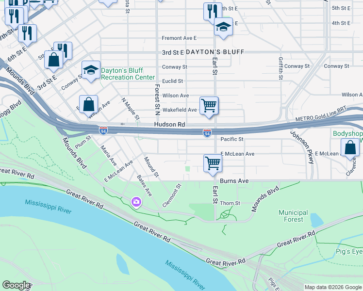 map of restaurants, bars, coffee shops, grocery stores, and more near 995 East McLean Avenue in Saint Paul