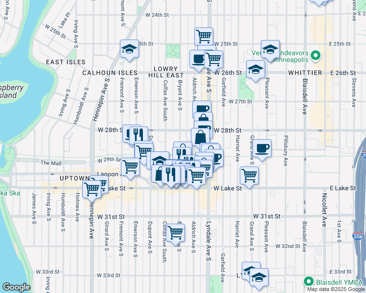 map of restaurants, bars, coffee shops, grocery stores, and more near 2841 Bryant Avenue South in Minneapolis