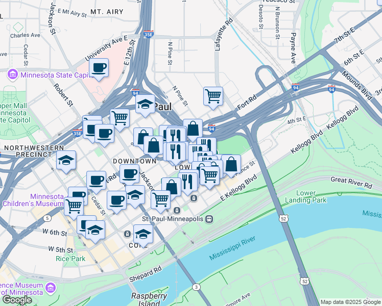 map of restaurants, bars, coffee shops, grocery stores, and more near 394 Wall Street in Saint Paul