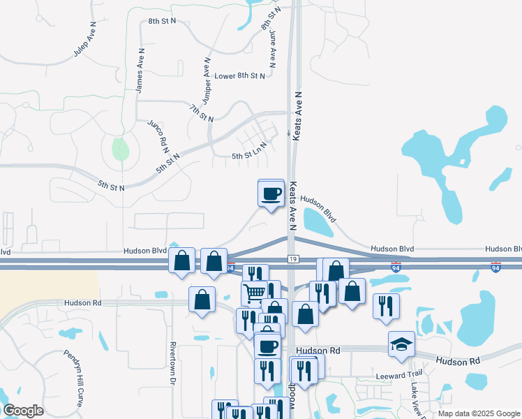 map of restaurants, bars, coffee shops, grocery stores, and more near 9465 Hudson Boulevard North in Lake Elmo