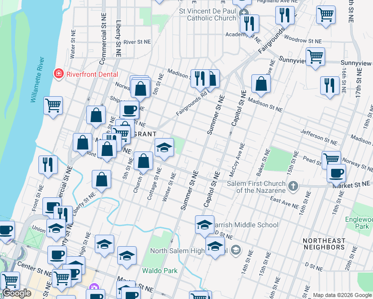 map of restaurants, bars, coffee shops, grocery stores, and more near 1336 Winter Street Northeast in Salem
