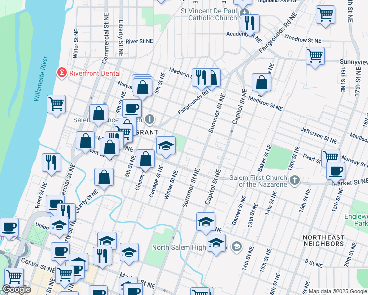 map of restaurants, bars, coffee shops, grocery stores, and more near 1328 Winter Street Northeast in Salem