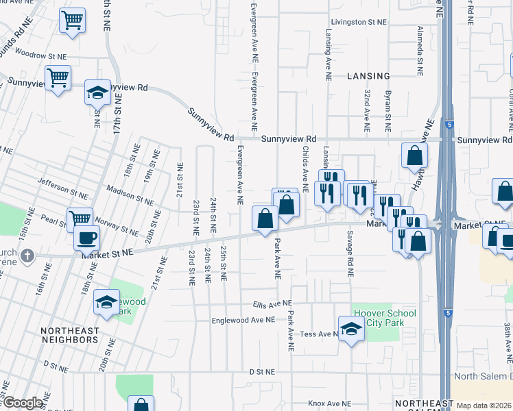 map of restaurants, bars, coffee shops, grocery stores, and more near 1747 Park Avenue Northeast in Salem