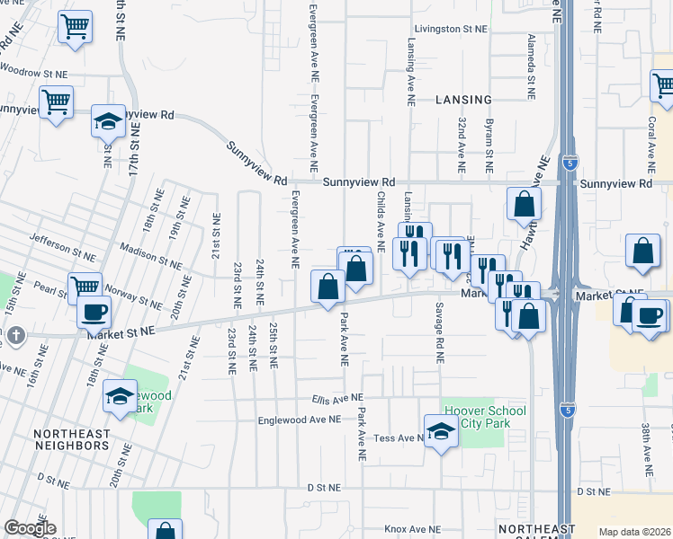 map of restaurants, bars, coffee shops, grocery stores, and more near 1771 Park Avenue Northeast in Salem