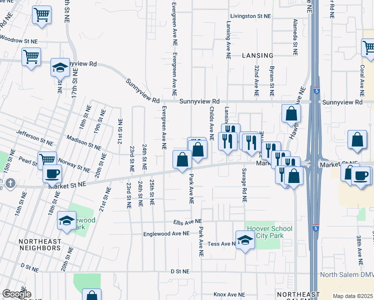 map of restaurants, bars, coffee shops, grocery stores, and more near 1747 Park Avenue Northeast in Salem