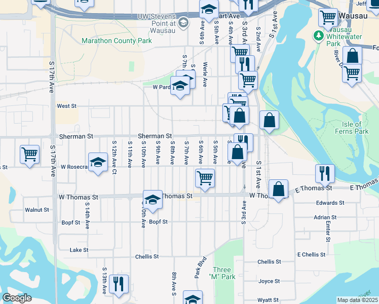 map of restaurants, bars, coffee shops, grocery stores, and more near 925 South 7th Avenue in Wausau