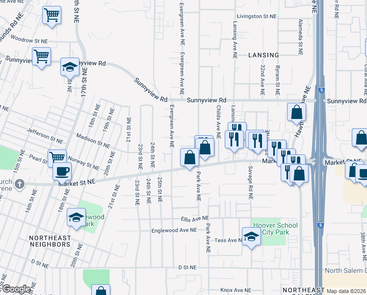 map of restaurants, bars, coffee shops, grocery stores, and more near 1747 Park Avenue Northeast in Salem