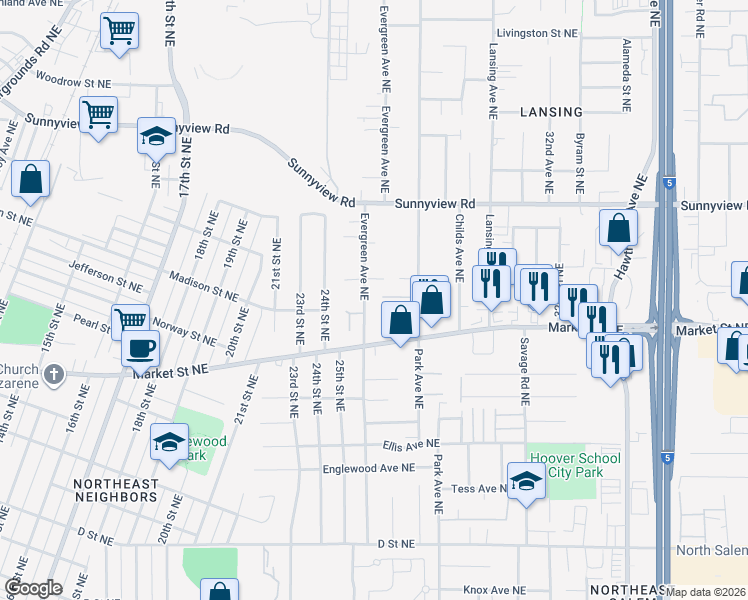 map of restaurants, bars, coffee shops, grocery stores, and more near 1762 Evergreen Avenue Northeast in Salem