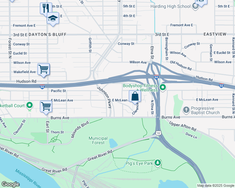 map of restaurants, bars, coffee shops, grocery stores, and more near 1259 East McLean Avenue in Saint Paul
