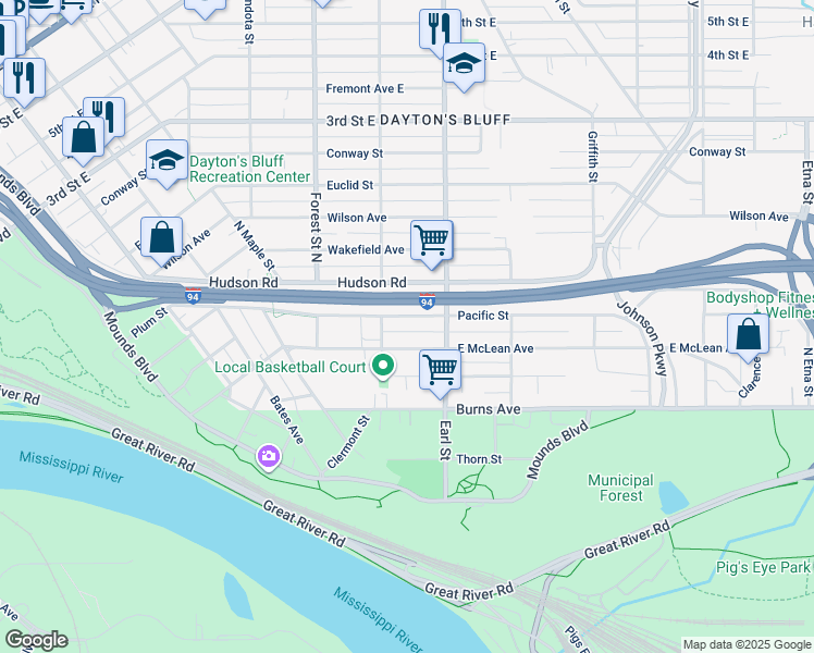 map of restaurants, bars, coffee shops, grocery stores, and more near 1027 East McLean Avenue in Saint Paul