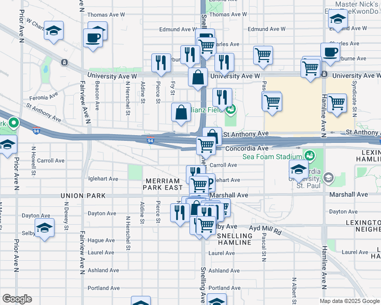 map of restaurants, bars, coffee shops, grocery stores, and more near 1601 Carroll Avenue in Saint Paul