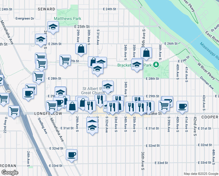 map of restaurants, bars, coffee shops, grocery stores, and more near 3204 East 29th Street in Minneapolis