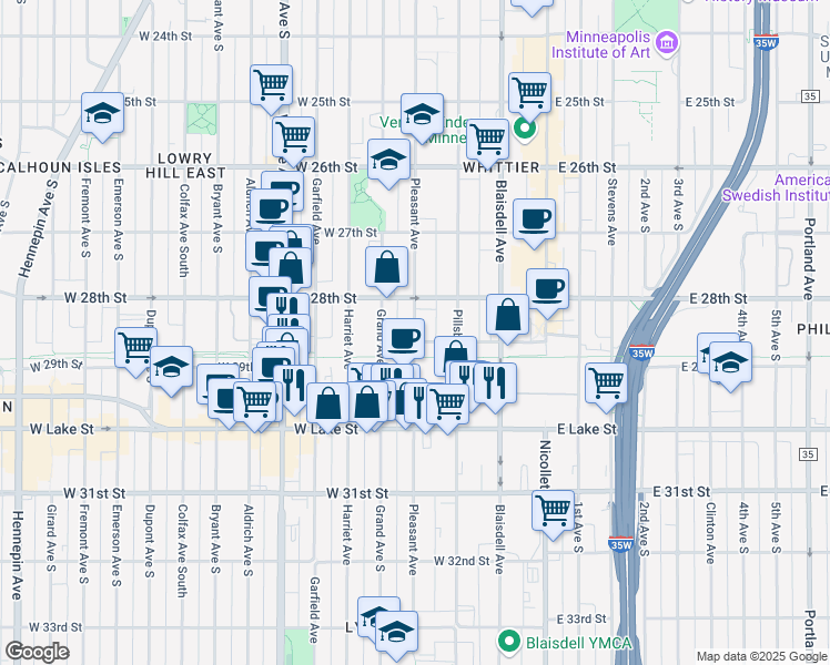 map of restaurants, bars, coffee shops, grocery stores, and more near 2848 Pleasant Avenue in Minneapolis
