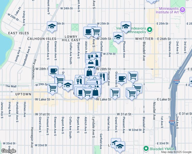 map of restaurants, bars, coffee shops, grocery stores, and more near 2910 Lyndale Avenue South in Minneapolis