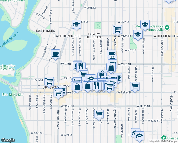 map of restaurants, bars, coffee shops, grocery stores, and more near 2832 Colfax Avenue South in Minneapolis