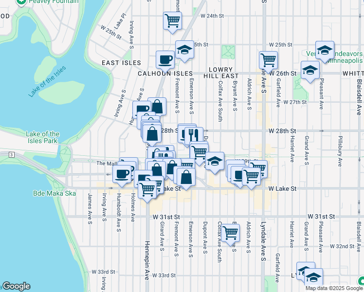 map of restaurants, bars, coffee shops, grocery stores, and more near 2835 Fremont Avenue South in Minneapolis