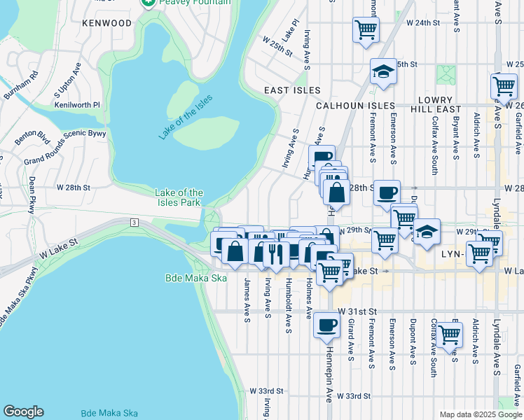 map of restaurants, bars, coffee shops, grocery stores, and more near 2867 James Avenue South in Minneapolis