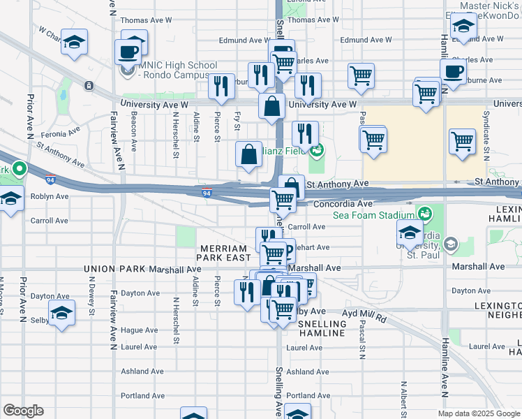 map of restaurants, bars, coffee shops, grocery stores, and more near 1601 Carroll Avenue in Saint Paul
