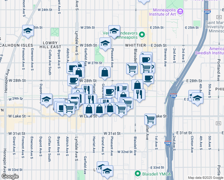 map of restaurants, bars, coffee shops, grocery stores, and more near 2834 Pleasant Avenue in Minneapolis