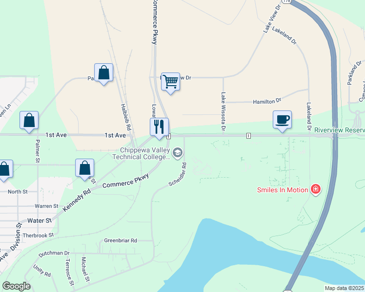 map of restaurants, bars, coffee shops, grocery stores, and more near 770 Scheidler Road in Chippewa Falls