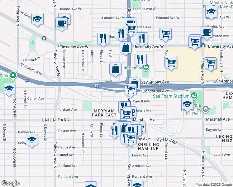 map of restaurants, bars, coffee shops, grocery stores, and more near 1601 Carroll Avenue in Saint Paul
