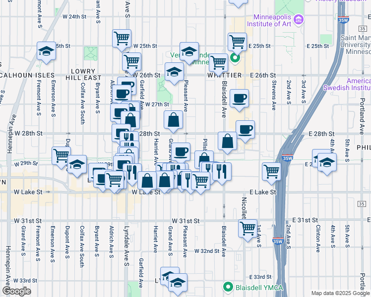 map of restaurants, bars, coffee shops, grocery stores, and more near 2834 Pleasant Avenue in Minneapolis