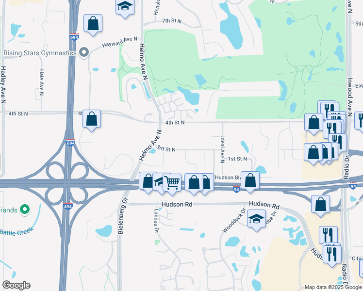map of restaurants, bars, coffee shops, grocery stores, and more near 7755 3rd Street North in Oakdale