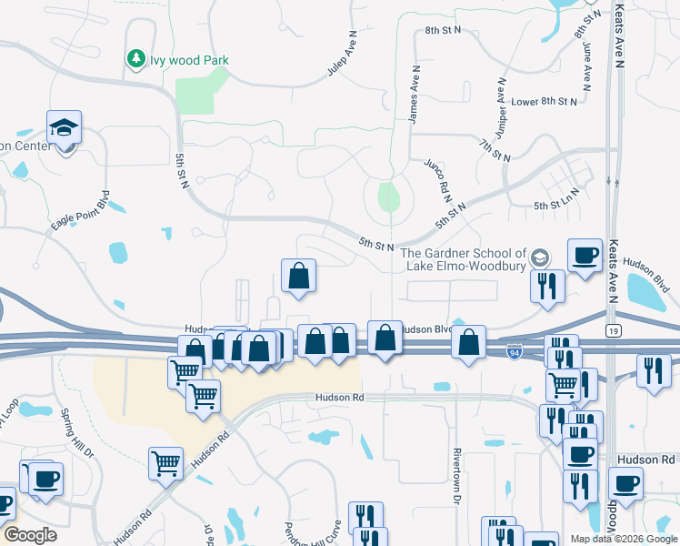 map of restaurants, bars, coffee shops, grocery stores, and more near 9450 Hudson Boulevard North in Lake Elmo