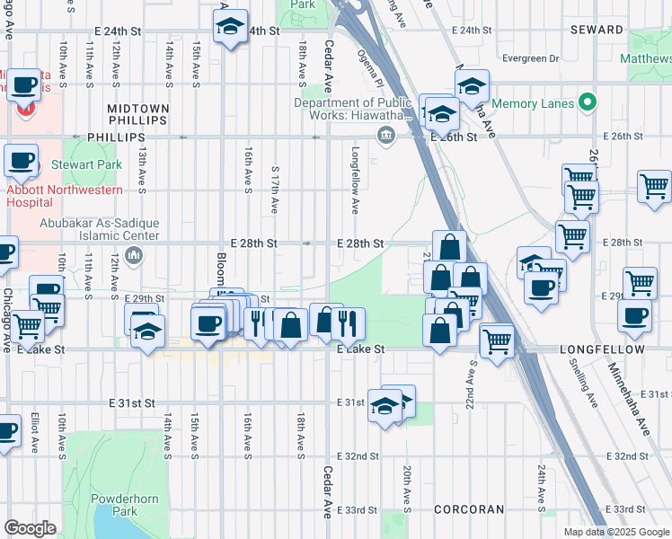 map of restaurants, bars, coffee shops, grocery stores, and more near 2830 Cedar Avenue in Minneapolis