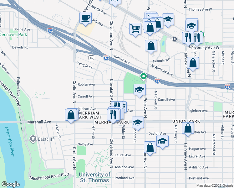 map of restaurants, bars, coffee shops, grocery stores, and more near 313 Wilder Street in Saint Paul