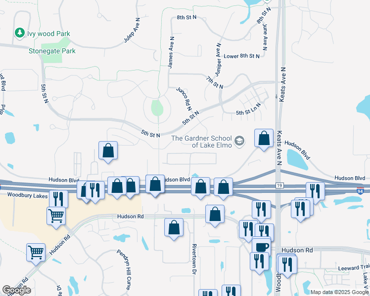 map of restaurants, bars, coffee shops, grocery stores, and more near 9730 Hudson Boulevard North in Lake Elmo
