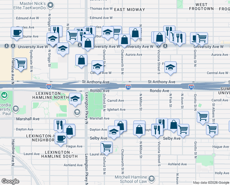 map of restaurants, bars, coffee shops, grocery stores, and more near 1002 Concordia Avenue in Saint Paul
