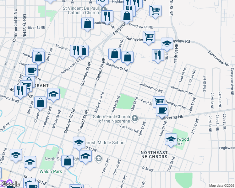 map of restaurants, bars, coffee shops, grocery stores, and more near 1425 Baker Street Northeast in Salem