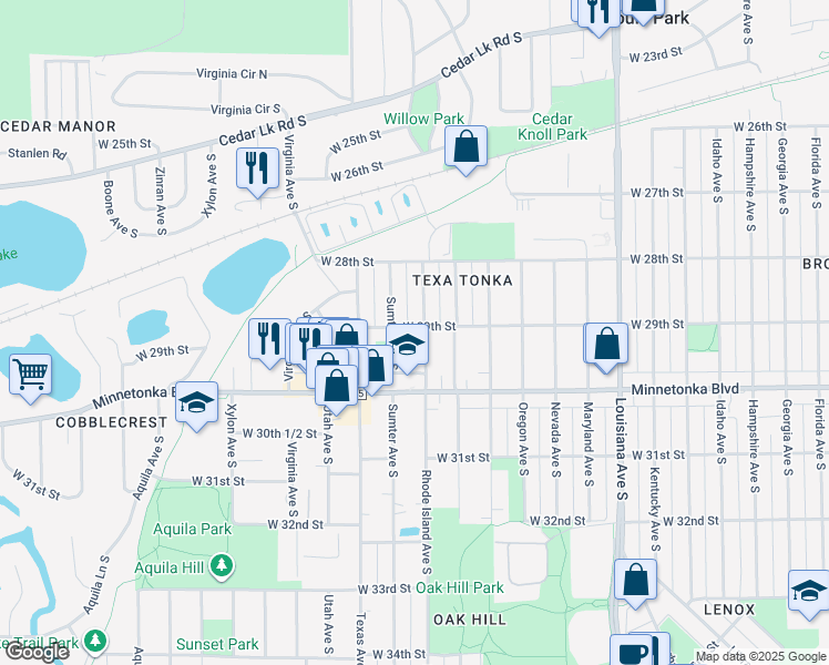 map of restaurants, bars, coffee shops, grocery stores, and more near 2925 Sumter Avenue South in Minneapolis