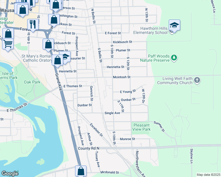 map of restaurants, bars, coffee shops, grocery stores, and more near 930 Single Avenue in Wausau