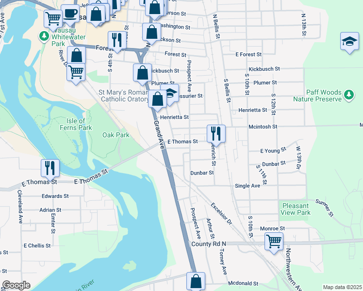 map of restaurants, bars, coffee shops, grocery stores, and more near 720 Prospect Avenue in Wausau