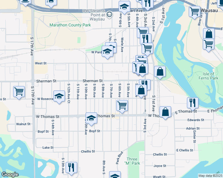 map of restaurants, bars, coffee shops, grocery stores, and more near 944 South 7th Avenue in Wausau