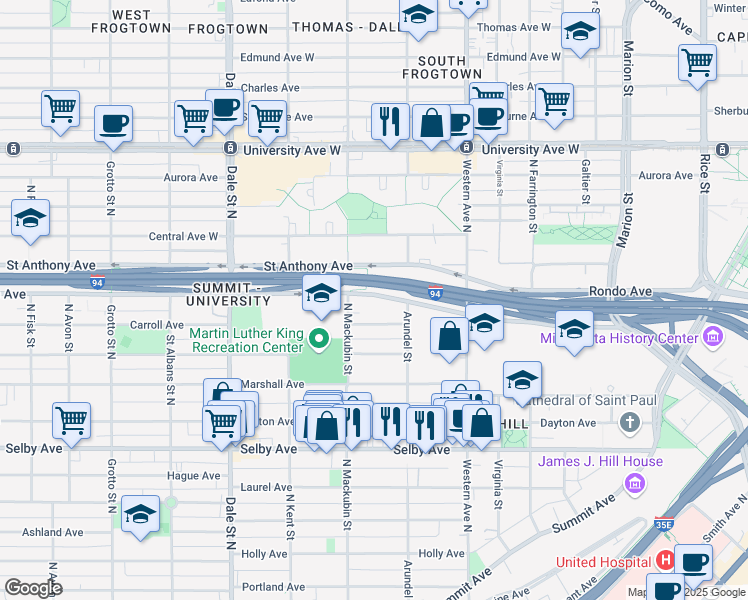 map of restaurants, bars, coffee shops, grocery stores, and more near 468 Carroll Avenue in Saint Paul