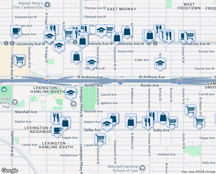 map of restaurants, bars, coffee shops, grocery stores, and more near 1003 Carroll Avenue in Saint Paul