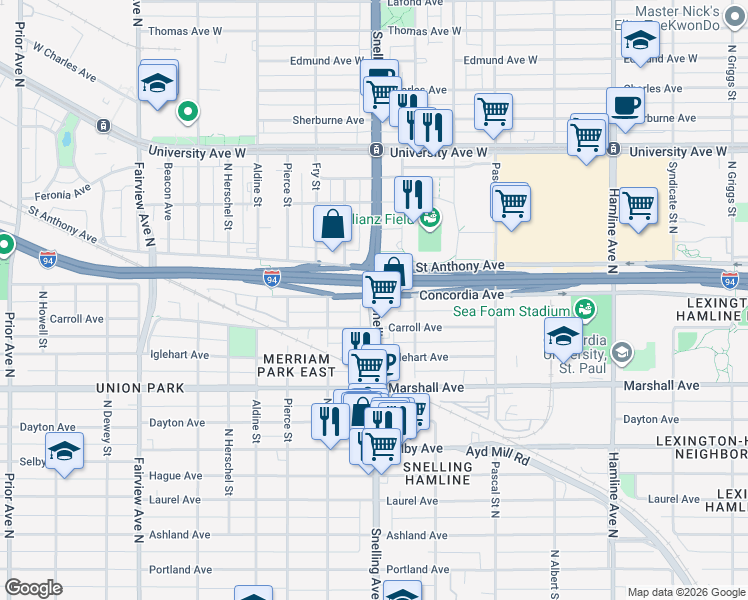 map of restaurants, bars, coffee shops, grocery stores, and more near 310 Snelling Avenue North in Saint Paul