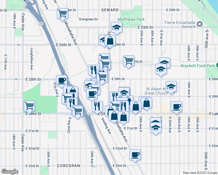 map of restaurants, bars, coffee shops, grocery stores, and more near 2616 East 29th Street in Minneapolis