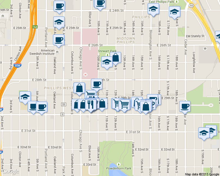 map of restaurants, bars, coffee shops, grocery stores, and more near 2846 12th Avenue South in Minneapolis