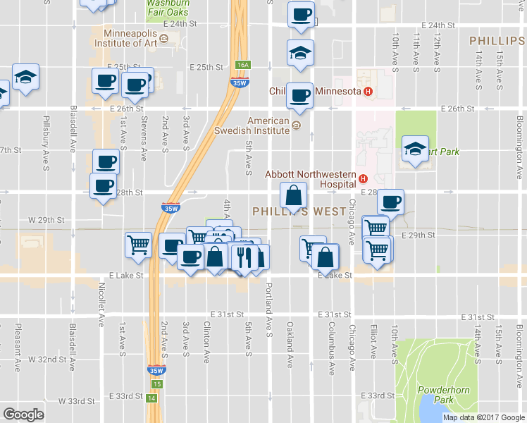 map of restaurants, bars, coffee shops, grocery stores, and more near 2841 South 5th Avenue in Minneapolis