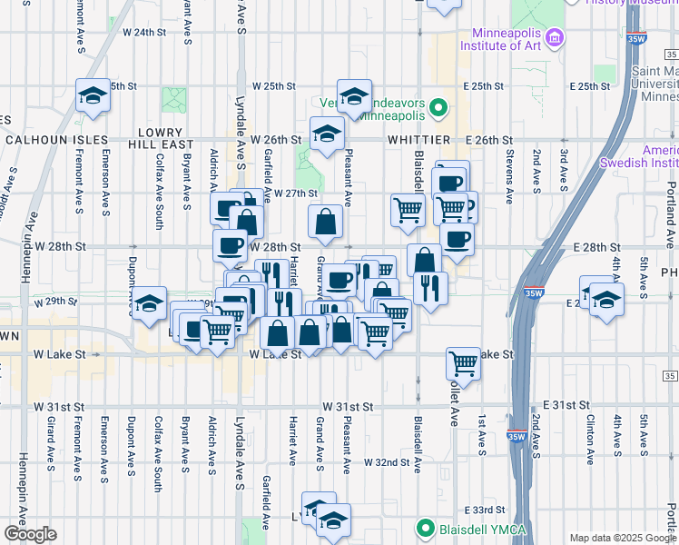 map of restaurants, bars, coffee shops, grocery stores, and more near 2848 Pleasant Avenue in Minneapolis